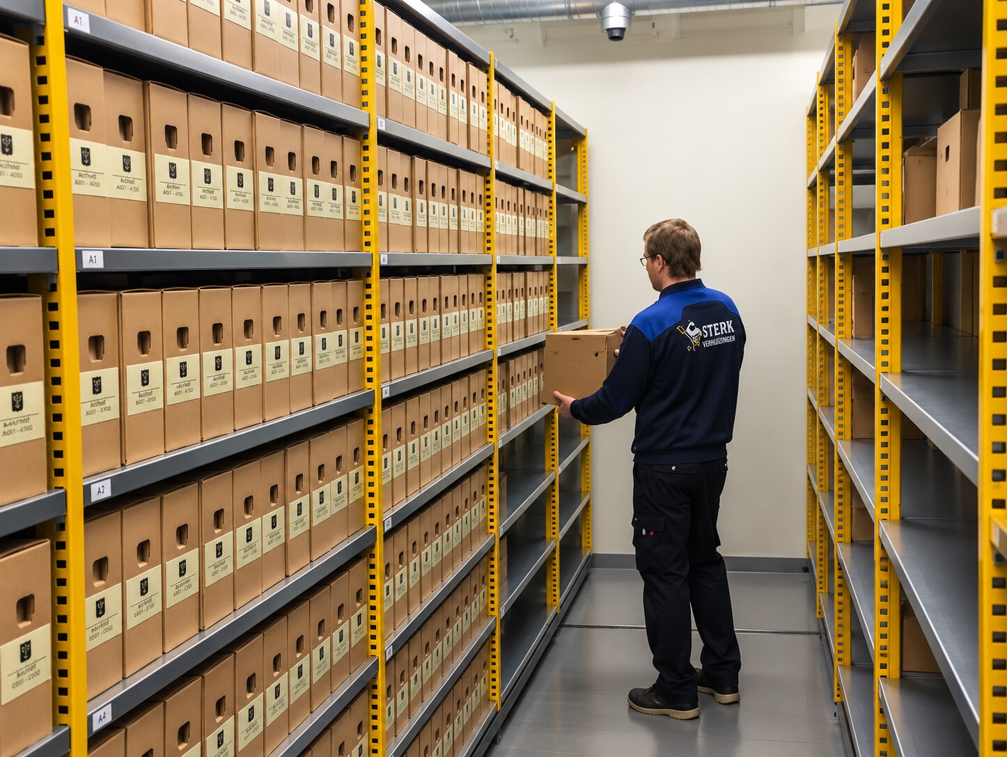 Medewerker van Verhuisbedrijf Sterk Transport bij het archief in de opslagruimte