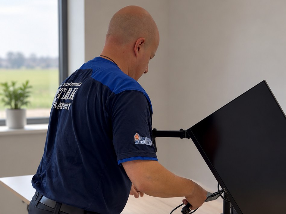 Medewerker van Verhuisbedrijf Sterk Transport koppelt een monitor en kabels af op een bureau